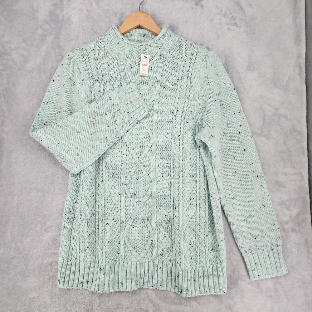 Talbots Sweater Womens Size XL Cable Knit Mint Tweed Roll Neck Pullover NWT